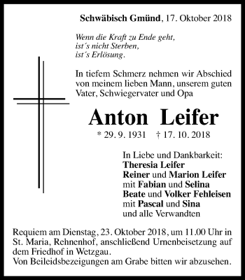 Traueranzeige von Anton Leifer von Gmünder Tagespost