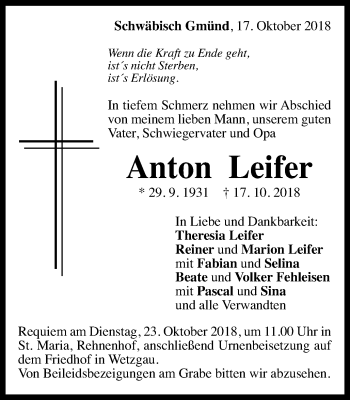 Traueranzeige von Anton Leifer