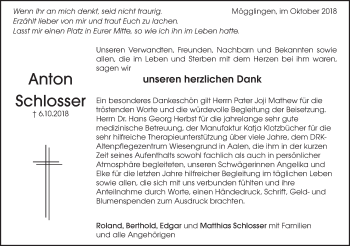 Traueranzeige von Anton Schlosser von Gmünder Tagespost