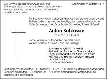 Traueranzeige von Anton Schlosser von Schwäbische Post