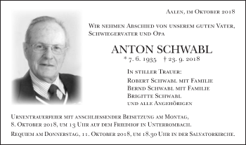 Traueranzeige von Anton Schwabl von Schwäbische Post