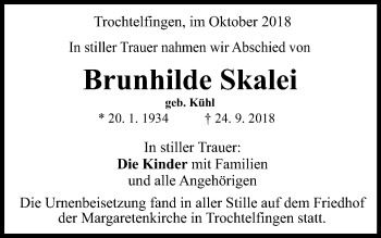 Traueranzeige von Brunhilde Skalei von Schwäbische Post