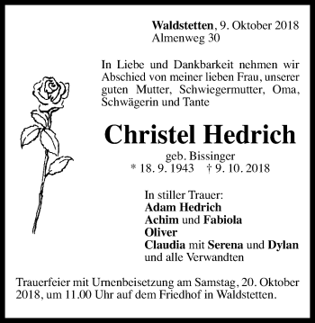 Traueranzeige von Christel Hedrich von Gmünder Tagespost
