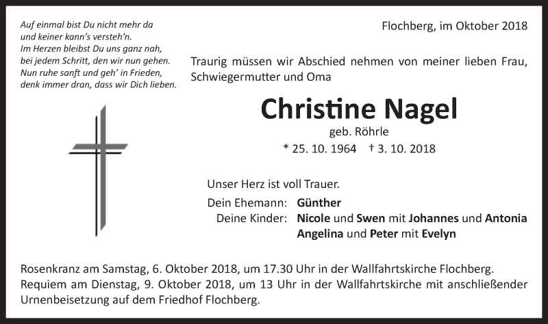  Traueranzeige für Christine Nagel vom 05.10.2018 aus Schwäbische Post