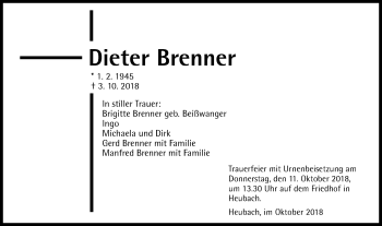 Traueranzeige von Dieter Brenner von Gmünder Tagespost