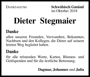 Traueranzeige von Dieter Stegmaier von Gmünder Tagespost