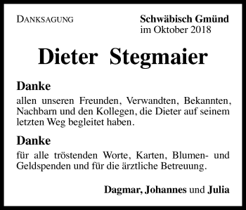 Traueranzeige von Dieter Stegmaier