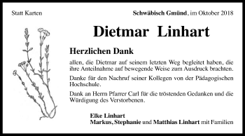 Traueranzeige von Dietmar Linhart von Gmünder Tagespost