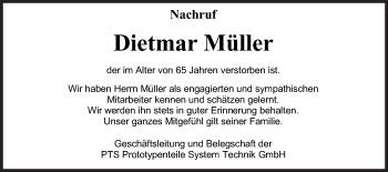 Traueranzeige von Dietmar Müller von Gmünder Tagespost