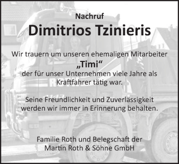 Traueranzeige von Dimitrios Tzinieris von Schwäbische Post