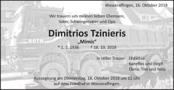 Traueranzeige von Dimitrios Tzinieris von Schwäbische Post