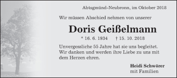Traueranzeige von Doris Geißelmann von Schwäbische Post