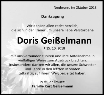 Traueranzeige von Doris Geißelmann von Schwäbische Post