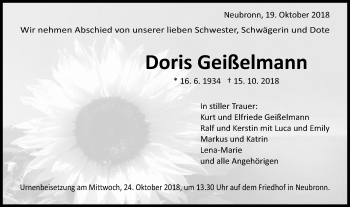 Traueranzeige von Doris Geißelmann von Schwäbische Post