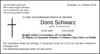 Traueranzeige von Doris Schwarz von Schwäbische Post