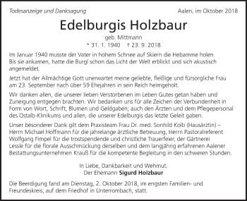 Traueranzeige von Edelburgis Holzbaur von Schwäbische Post