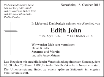 Traueranzeige von Edith John von Schwäbische Post