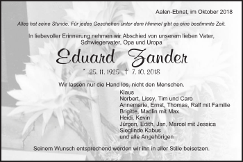 Traueranzeige von Eduard Zander von Schwäbische Post