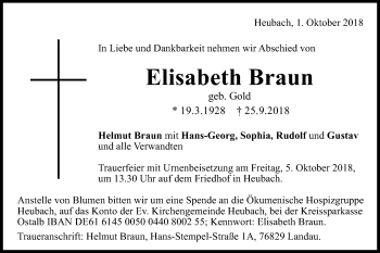 Traueranzeige von Elisabeth Braun von Gmünder Tagespost
