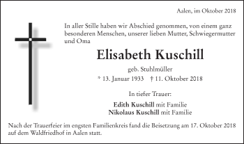 Traueranzeige von Elisabeth Kuschill von Schwäbische Post