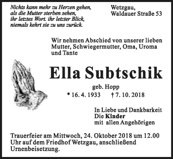 Traueranzeige von Ella Subtschik von Gmünder Tagespost