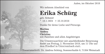 Traueranzeige von Erika Schürg von Schwäbische Post