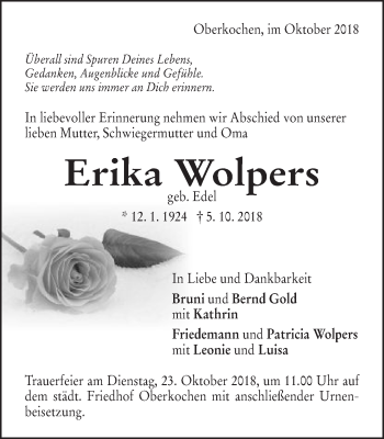 Traueranzeige von Erika Wolpers von Schwäbische Post