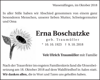 Traueranzeige von Erna Boschatzke von Schwäbische Post