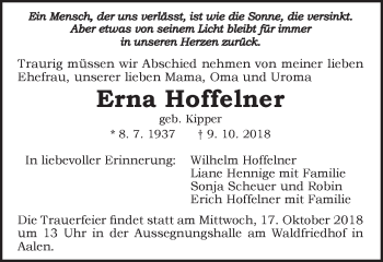 Traueranzeige von Erna Hoffelner von Schwäbische Post