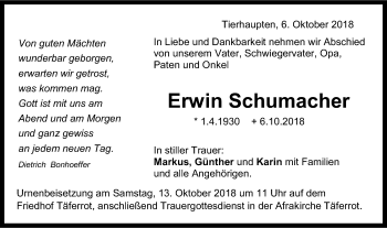 Traueranzeige von Erwin Schumacher von Gmünder Tagespost