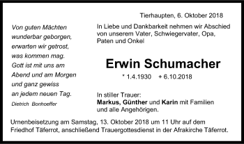 Traueranzeige von Erwin Schumacher