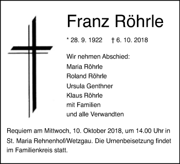 Traueranzeige von Franz Röhrle von Gmünder Tagespost
