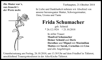 Traueranzeige von Frida Schumacher von Gmünder Tagespost