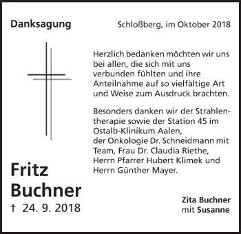 Traueranzeige von Fritz Buchner von Bopfinger Stadtanzeiger
