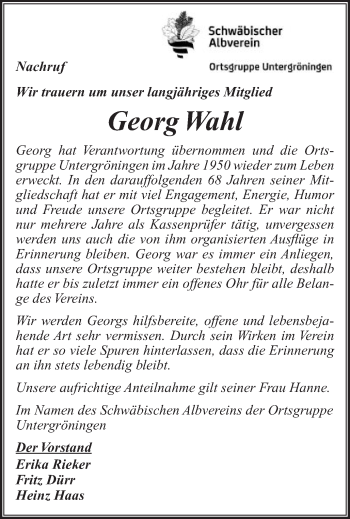 Traueranzeige von Georg Wahl von Kocher-Lein-Bote