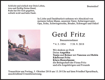 Traueranzeige von Gerd Fritz von Gmünder Tagespost
