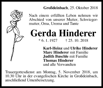 Traueranzeige von Gerda Hinderer von Gmünder Tagespost