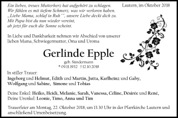 Traueranzeige von Gerlinde Epple von Gmünder Tagespost