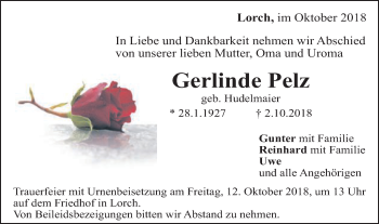 Traueranzeige von Gerlinde Pelz von Gmünder Tagespost