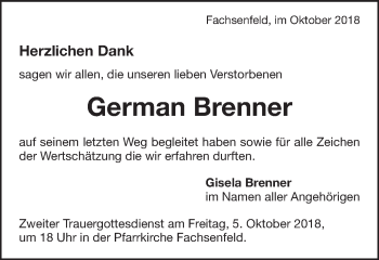 Traueranzeige von German Brenner von Schwäbische Post