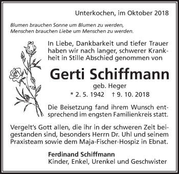 Traueranzeige von Gerti Schiffmann von Schwäbische Post