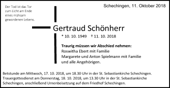 Traueranzeige von Gertraud Schönherr von Gmünder Tagespost