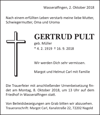 Traueranzeige von Gertrud Pult von Schwäbische Post