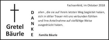 Traueranzeige von Gretel Bäurle von Schwäbische Post