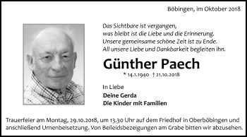 Traueranzeige von Günter Paech  von Gmünder Tagespost