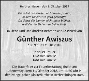 Traueranzeige von Günther Awiszus von Schwäbische Post