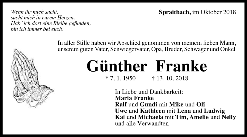  Traueranzeige für Günther Franke vom 22.10.2018 aus Gmünder Tagespost