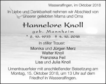 Traueranzeige von Hannelore Knoll von Schwäbische Post