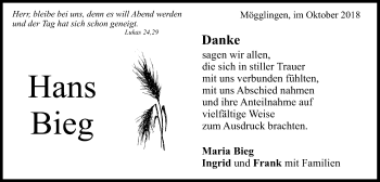 Traueranzeige von Hans Bieg von Gmünder Tagespost