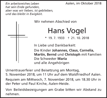 Traueranzeige von Hans Vogel von Schwäbische Post